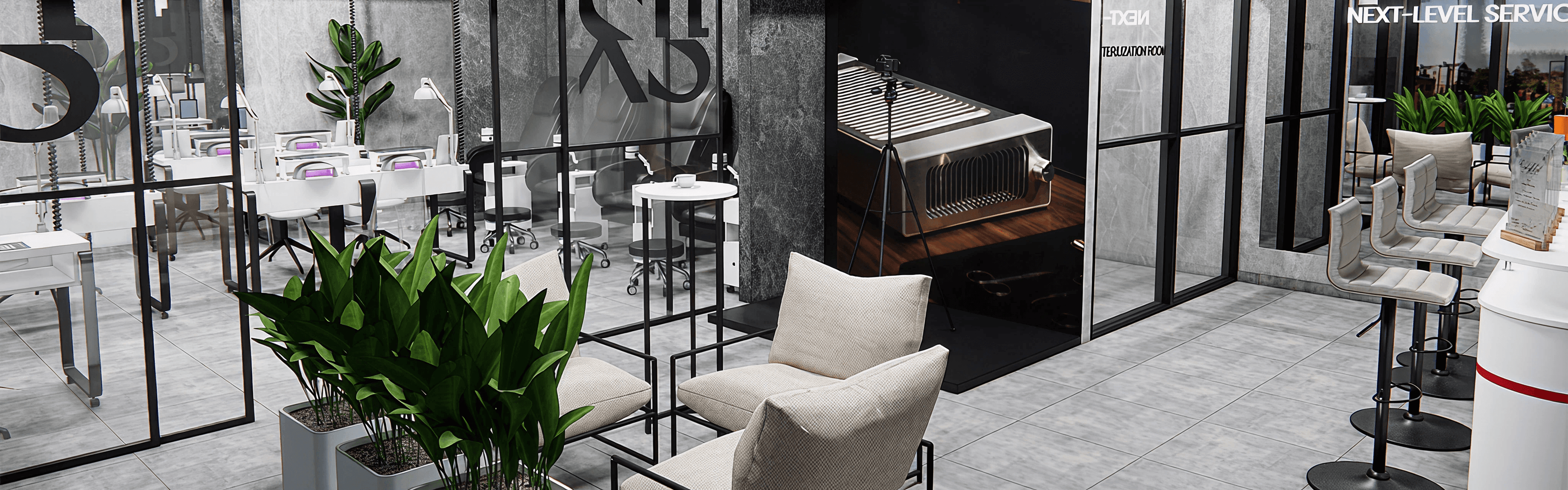 Modern salon interior with plants, chairs, and glass partitions.