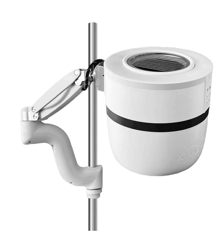 A white adjustable arm holds a white cylindrical device with a black band near the top.