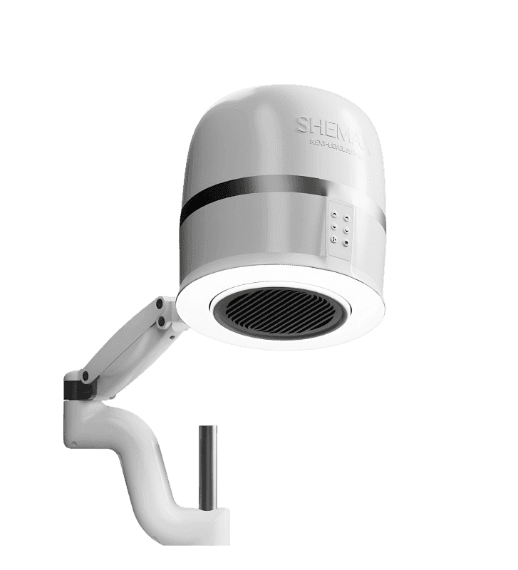 A modern, white examination lamp with an adjustable arm, mounted on a black background.
