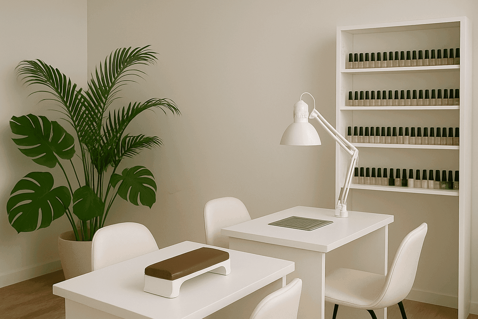 A clean and organized nail salon with two workstations, a plant, and shelves of polish.