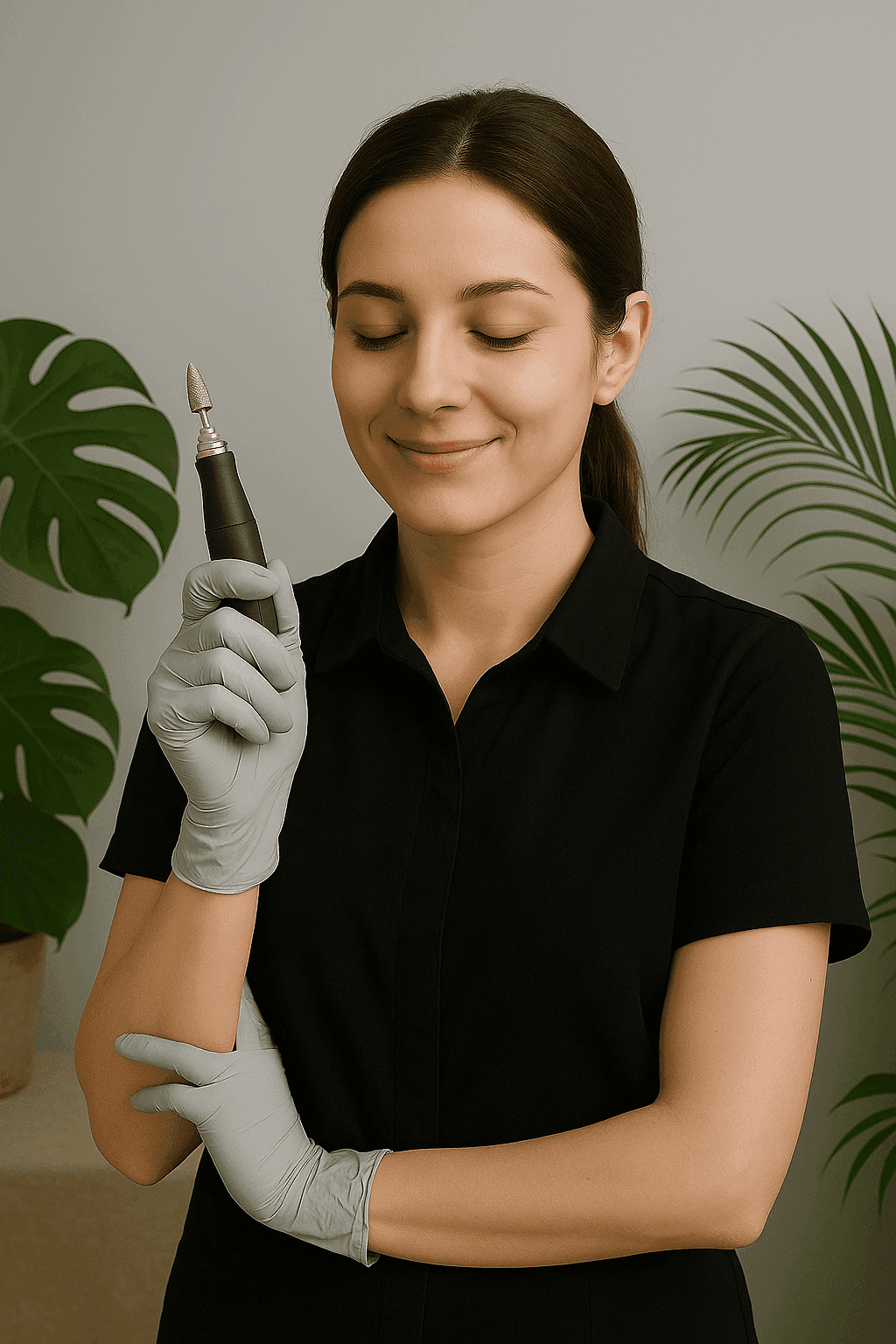 A woman in a black shirt and gray gloves holds a nail drill with her eyes closed.