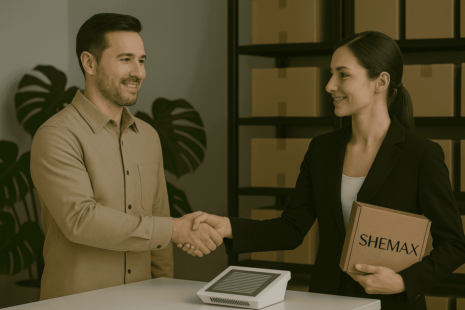 Man and woman shaking hands in an office with boxes in the background.