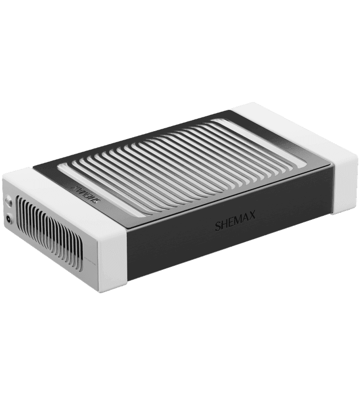 A modern, white and black electric grill with silver heating elements on a black background.