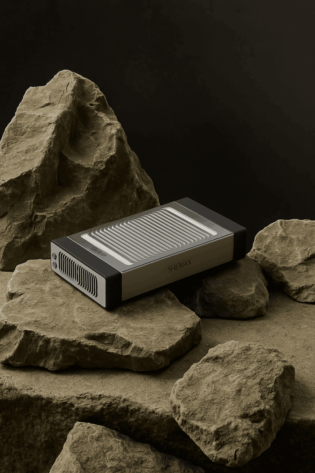 A white and silver rectangular device sits on rough, textured rocks, set against a dark, minimalist background.