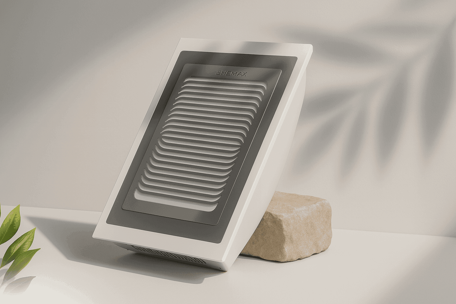 A white rectangular object with a ribbed interior and a silver frame is displayed on a light-colored pedestal, accented by plant shadows.