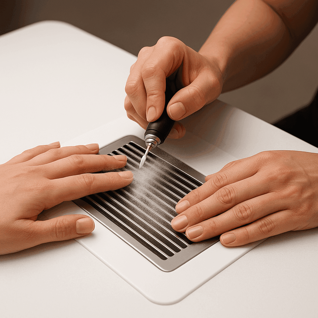 Close-up of a nail technician using an electric file on a client's fingernail over an exhaust vent.