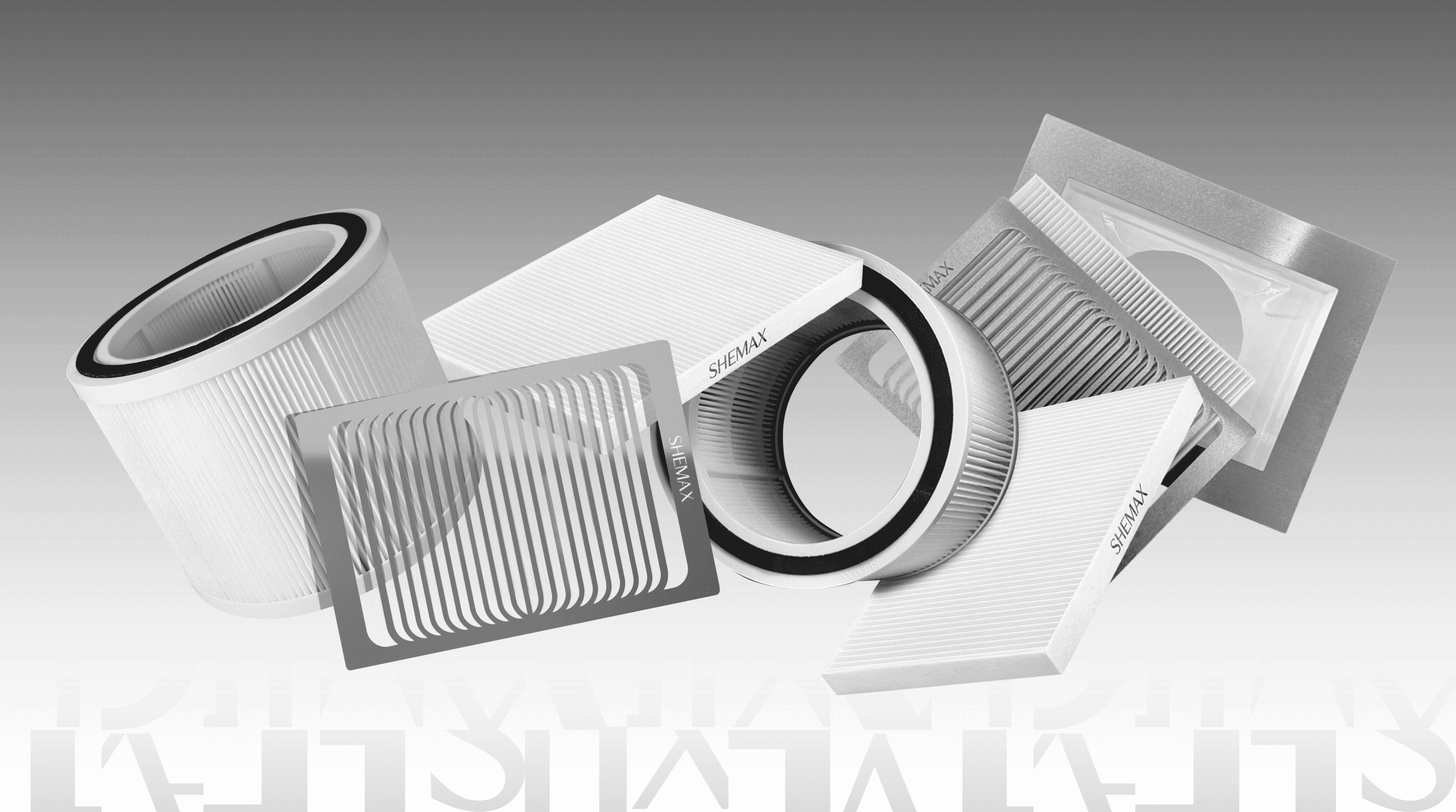 Several white air filters are arranged in a modern, dynamic composition.