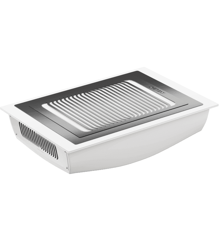 A white rectangular device with a metallic grate on top and gray side panels, set against a black background.